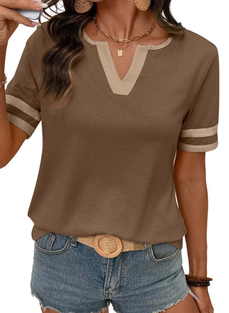 2026 Spring/Summer Women's Casual Colorblock V-Neck T-Shirt