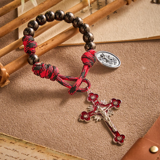 Solacebeads Gunmetal Bead Car Rosary & Red Enamel Crucifix: Rooted In St. Michael Protection - Gunmetal - image 0