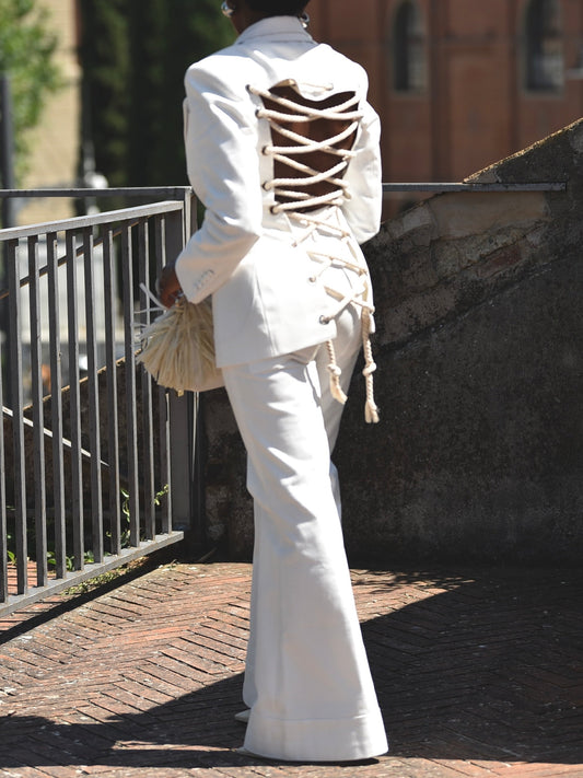 White Woven Fitted Blazer Sets