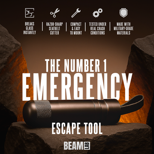 BEAM Lab spring-loaded safety hammer with tungsten steel tip and seatbelt cutter