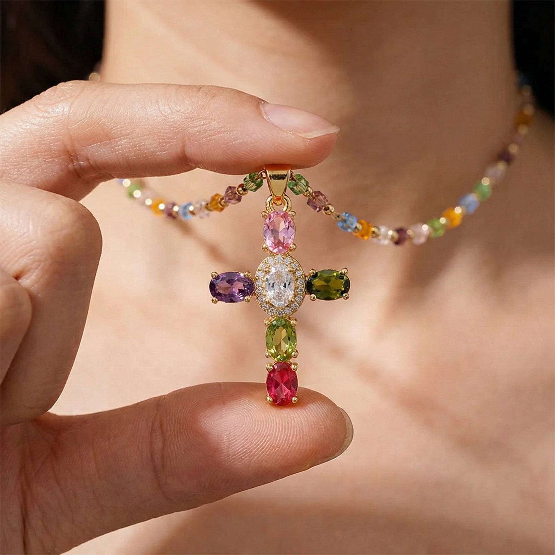 Dainty Colorful Gem Set Cross Necklace
