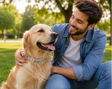 Daniel R. with dog wearing Virexsol collar outdoors